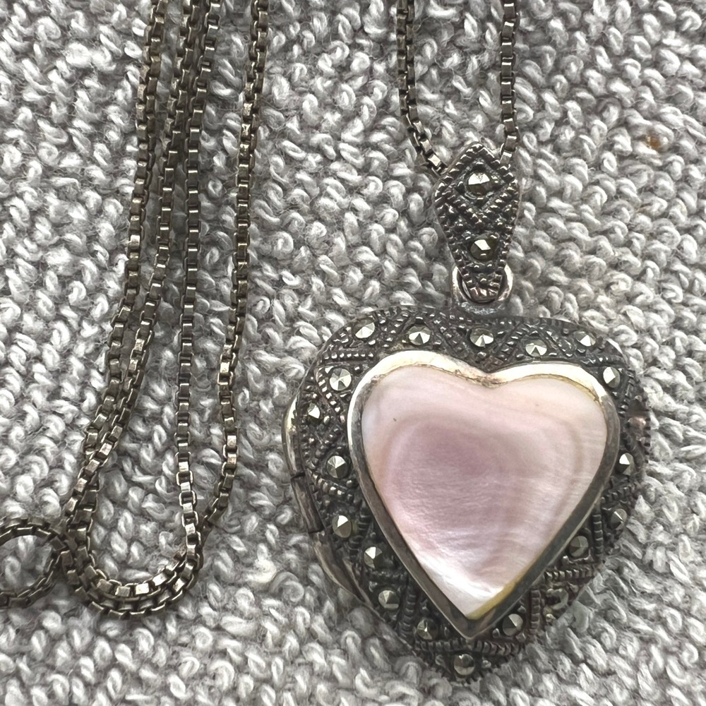 Sterling Silver Puffy Heart Locket Necklace Pink MOP Marcasites Box Chain 24"11g